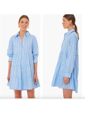 Pomander Place Tuckernuck Cara Mini Shirt Dress Size M Light Blue Striped Cotton